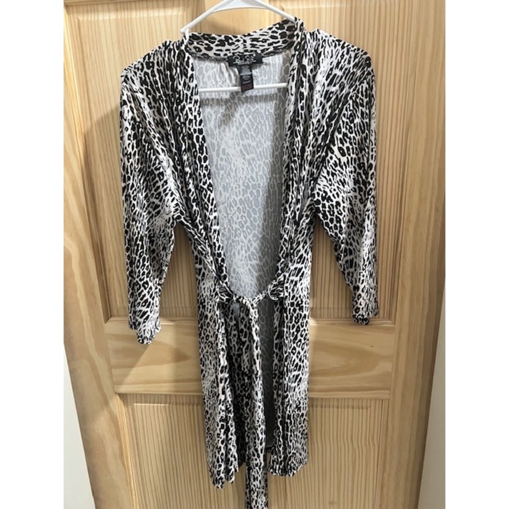 René Rofé Robe Women M White Black Leopard Print Tie Front 3/4 Sleeve Loungewear